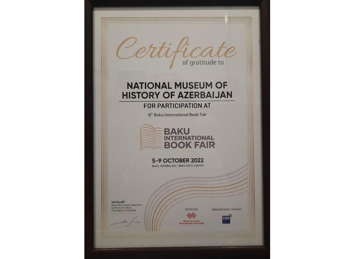 На 8-й Бакинской международной книжной выставке Национальный музей истории Азербайджана награжден сертификатом